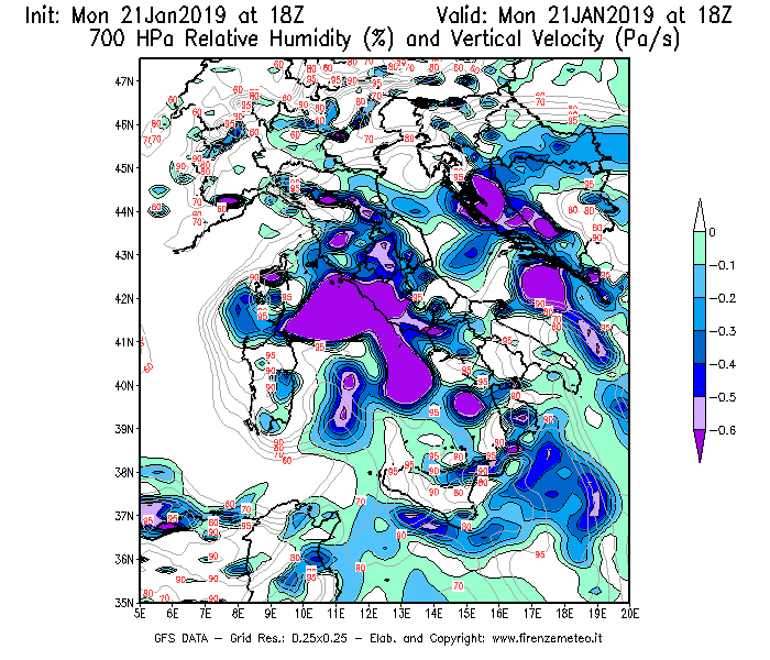 Mappa di analisi GFS - Umidità relativa [%] e Omega [Pa/s] a 700 hPa in Italia
									del 21/01/2019 18 <!--googleoff: index-->UTC<!--googleon: index-->