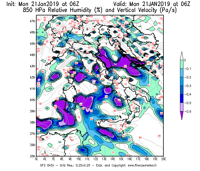 Mappa di analisi GFS - Umidità relativa [%] e Omega [Pa/s] a 850 hPa in Italia
									del 21/01/2019 06 <!--googleoff: index-->UTC<!--googleon: index-->