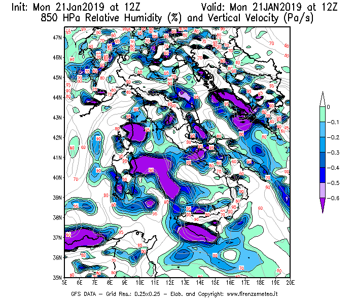 Mappa di analisi GFS - Umidità relativa [%] e Omega [Pa/s] a 850 hPa in Italia
									del 21/01/2019 12 <!--googleoff: index-->UTC<!--googleon: index-->