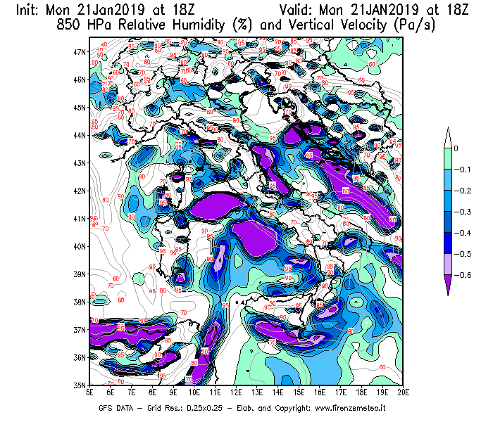 Mappa di analisi GFS - Umidità relativa [%] e Omega [Pa/s] a 850 hPa in Italia
									del 21/01/2019 18 <!--googleoff: index-->UTC<!--googleon: index-->