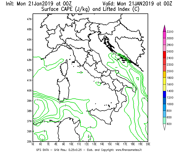 Mappa di analisi GFS - CAPE [J/kg] e Lifted Index [°C] in Italia
									del 21/01/2019 00 <!--googleoff: index-->UTC<!--googleon: index-->