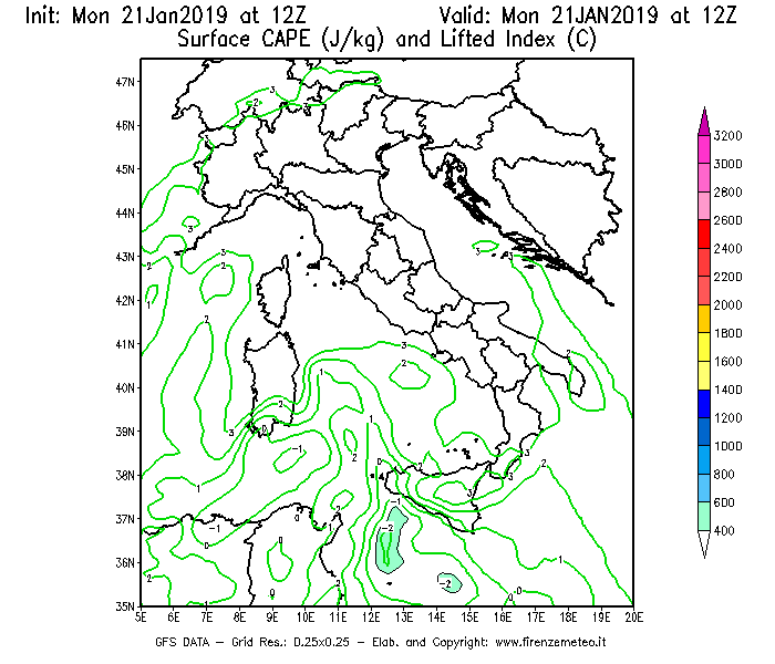 Mappa di analisi GFS - CAPE [J/kg] e Lifted Index [°C] in Italia
									del 21/01/2019 12 <!--googleoff: index-->UTC<!--googleon: index-->