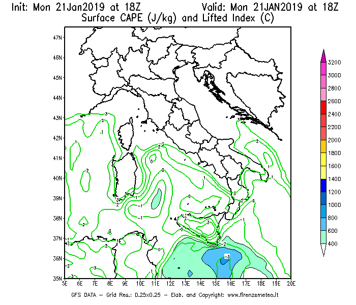 Mappa di analisi GFS - CAPE [J/kg] e Lifted Index [°C] in Italia
									del 21/01/2019 18 <!--googleoff: index-->UTC<!--googleon: index-->