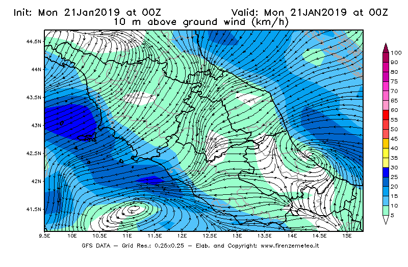 Mappa di analisi GFS - Velocità del vento a 10 metri dal suolo [km/h] in Centro-Italia
									del 21/01/2019 00 <!--googleoff: index-->UTC<!--googleon: index-->