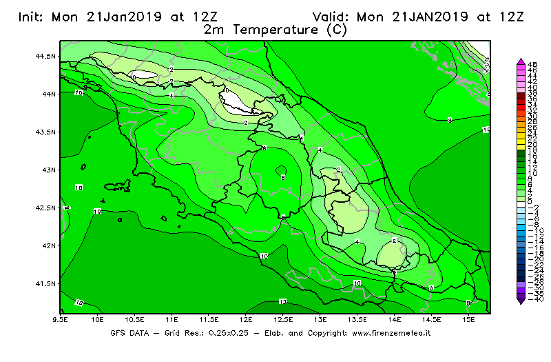 Mappa di analisi GFS - Temperatura a 2 metri dal suolo [°C] in Centro-Italia
									del 21/01/2019 12 <!--googleoff: index-->UTC<!--googleon: index-->