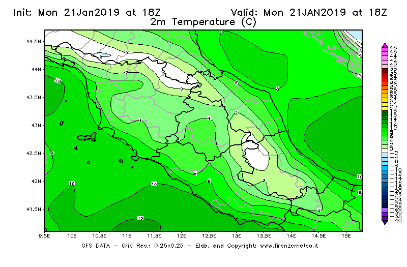 Mappa di analisi GFS - Temperatura a 2 metri dal suolo [°C] in Centro-Italia
									del 21/01/2019 18 <!--googleoff: index-->UTC<!--googleon: index-->