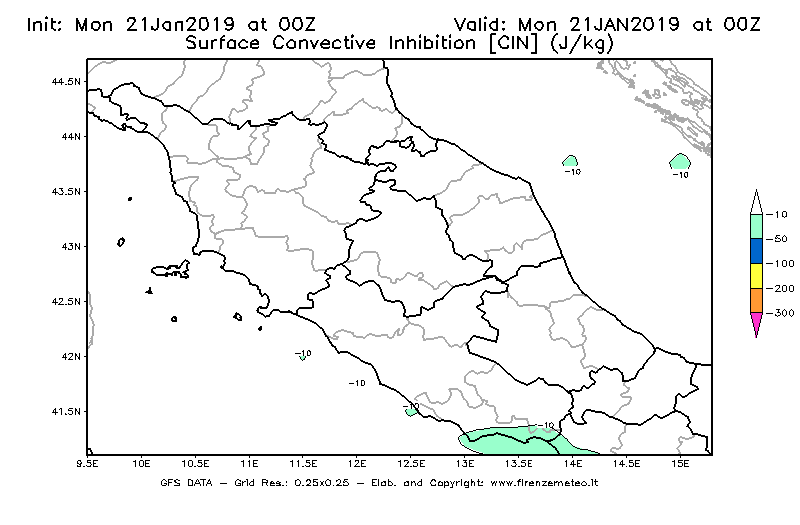 Mappa di analisi GFS - CIN [J/kg] in Centro-Italia
									del 21/01/2019 00 <!--googleoff: index-->UTC<!--googleon: index-->