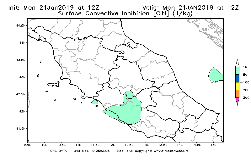 Mappa di analisi GFS - CIN [J/kg] in Centro-Italia
									del 21/01/2019 12 <!--googleoff: index-->UTC<!--googleon: index-->