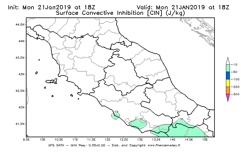 Mappa di analisi GFS - CIN [J/kg] in Centro-Italia
									del 21/01/2019 18 <!--googleoff: index-->UTC<!--googleon: index-->
