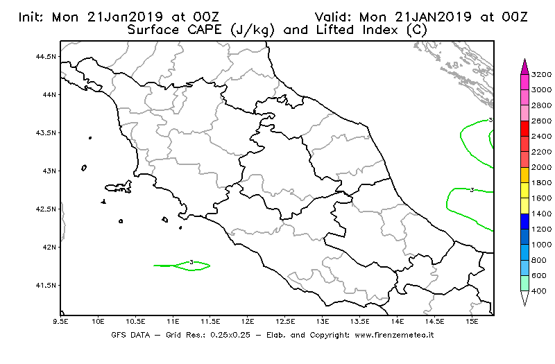 Mappa di analisi GFS - CAPE [J/kg] e Lifted Index [°C] in Centro-Italia
									del 21/01/2019 00 <!--googleoff: index-->UTC<!--googleon: index-->