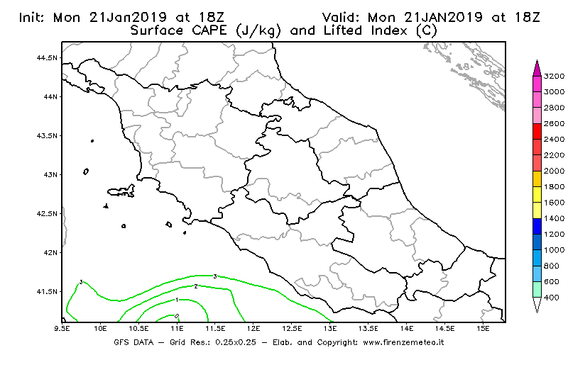 Mappa di analisi GFS - CAPE [J/kg] e Lifted Index [°C] in Centro-Italia
									del 21/01/2019 18 <!--googleoff: index-->UTC<!--googleon: index-->