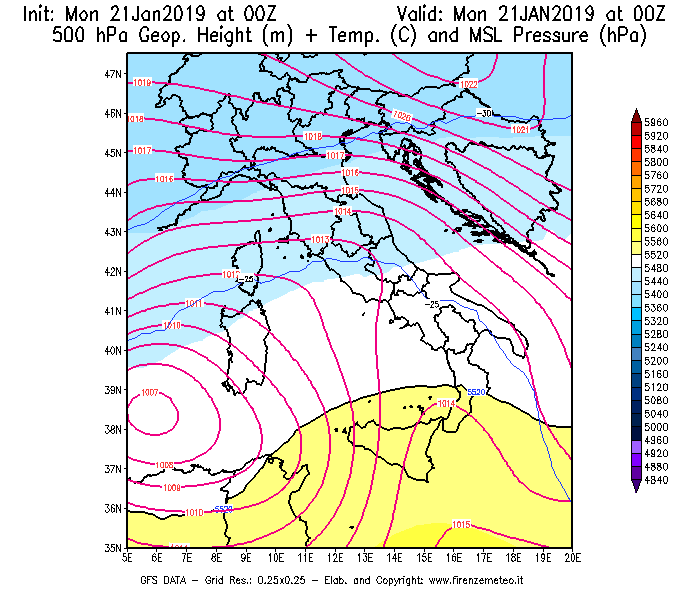 Mappa di analisi GFS - Geopotenziale [m] + Temp. [°C] a 500 hPa + Press. a livello del mare [hPa] in Italia
									del 21/01/2019 00 <!--googleoff: index-->UTC<!--googleon: index-->