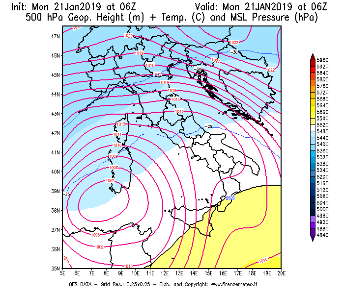 Mappa di analisi GFS - Geopotenziale [m] + Temp. [°C] a 500 hPa + Press. a livello del mare [hPa] in Italia
									del 21/01/2019 06 <!--googleoff: index-->UTC<!--googleon: index-->