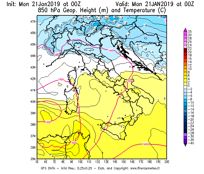 Mappa di analisi GFS - Geopotenziale [m] e Temperatura [°C] a 850 hPa in Italia
									del 21/01/2019 00 <!--googleoff: index-->UTC<!--googleon: index-->