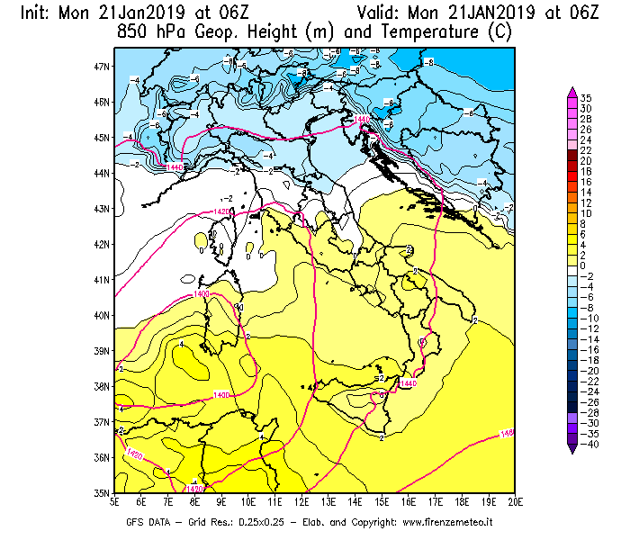 Mappa di analisi GFS - Geopotenziale [m] e Temperatura [°C] a 850 hPa in Italia
									del 21/01/2019 06 <!--googleoff: index-->UTC<!--googleon: index-->