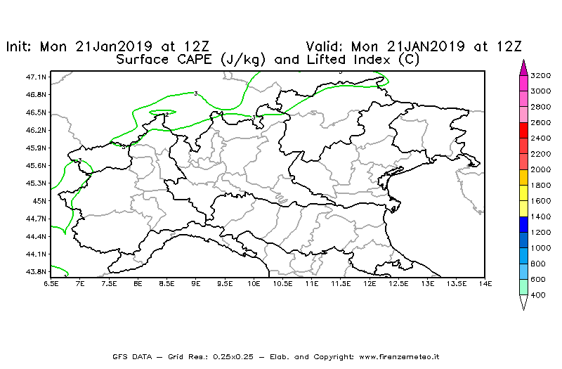 Mappa di analisi GFS - CAPE [J/kg] e Lifted Index [°C] in Nord-Italia
									del 21/01/2019 12 <!--googleoff: index-->UTC<!--googleon: index-->