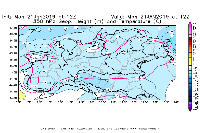 Mappa di analisi GFS - Geopotenziale [m] e Temperatura [°C] a 850 hPa in Nord-Italia
									del 21/01/2019 12 <!--googleoff: index-->UTC<!--googleon: index-->