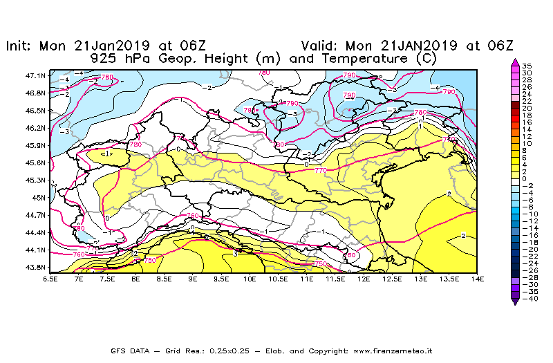 Mappa di analisi GFS - Geopotenziale [m] e Temperatura [°C] a 925 hPa in Nord-Italia
									del 21/01/2019 06 <!--googleoff: index-->UTC<!--googleon: index-->