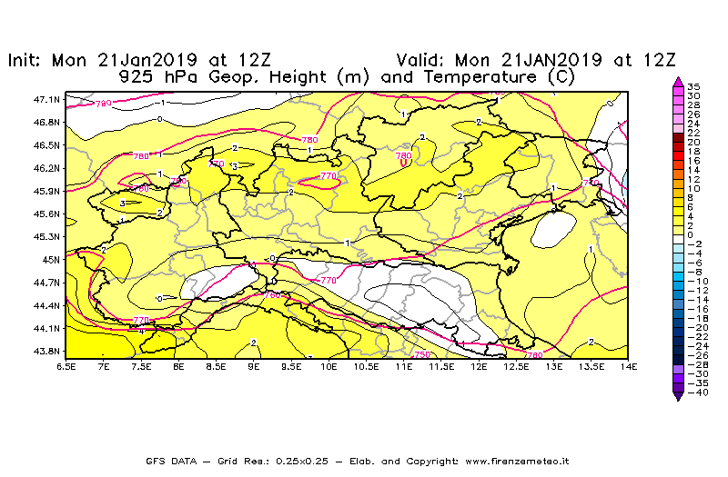 Mappa di analisi GFS - Geopotenziale [m] e Temperatura [°C] a 925 hPa in Nord-Italia
									del 21/01/2019 12 <!--googleoff: index-->UTC<!--googleon: index-->
