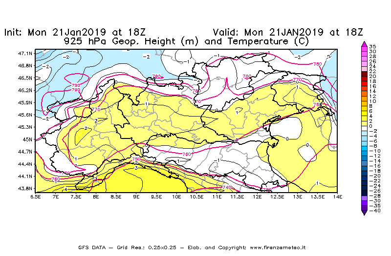 Mappa di analisi GFS - Geopotenziale [m] e Temperatura [°C] a 925 hPa in Nord-Italia
									del 21/01/2019 18 <!--googleoff: index-->UTC<!--googleon: index-->