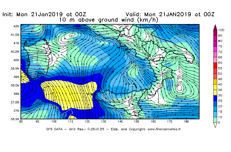 Mappa di analisi GFS - Velocità del vento a 10 metri dal suolo [km/h] in Sud-Italia
									del 21/01/2019 00 <!--googleoff: index-->UTC<!--googleon: index-->