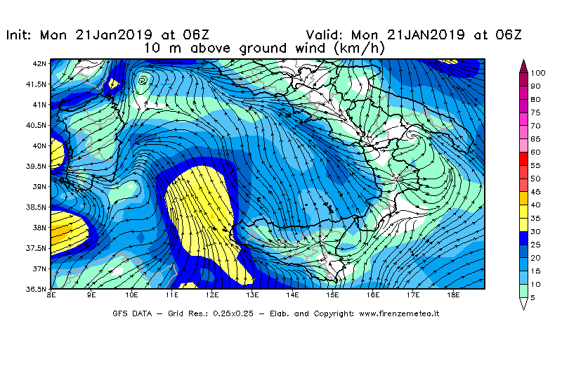 Mappa di analisi GFS - Velocità del vento a 10 metri dal suolo [km/h] in Sud-Italia
									del 21/01/2019 06 <!--googleoff: index-->UTC<!--googleon: index-->