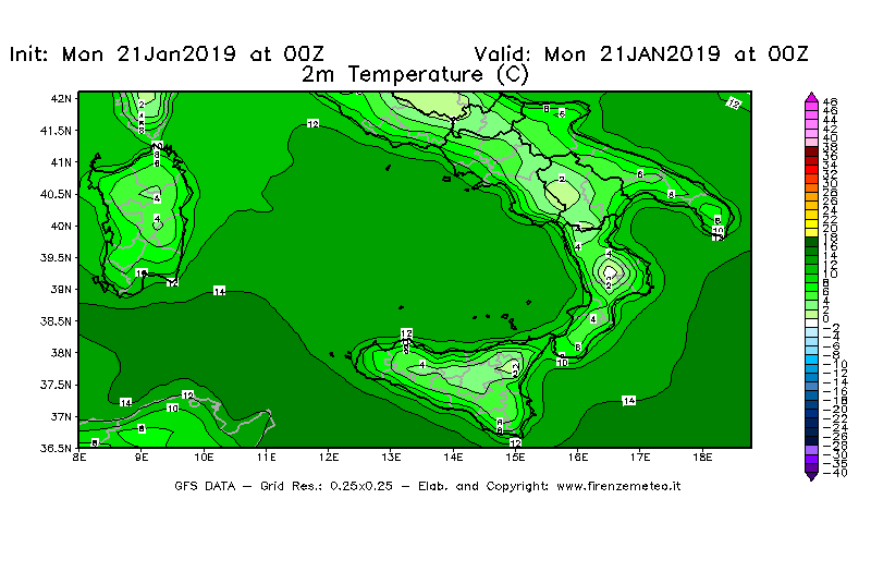 Mappa di analisi GFS - Temperatura a 2 metri dal suolo [°C] in Sud-Italia
									del 21/01/2019 00 <!--googleoff: index-->UTC<!--googleon: index-->