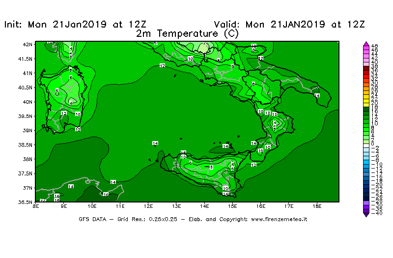 Mappa di analisi GFS - Temperatura a 2 metri dal suolo [°C] in Sud-Italia
									del 21/01/2019 12 <!--googleoff: index-->UTC<!--googleon: index-->