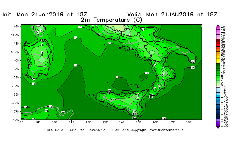 Mappa di analisi GFS - Temperatura a 2 metri dal suolo [°C] in Sud-Italia
									del 21/01/2019 18 <!--googleoff: index-->UTC<!--googleon: index-->