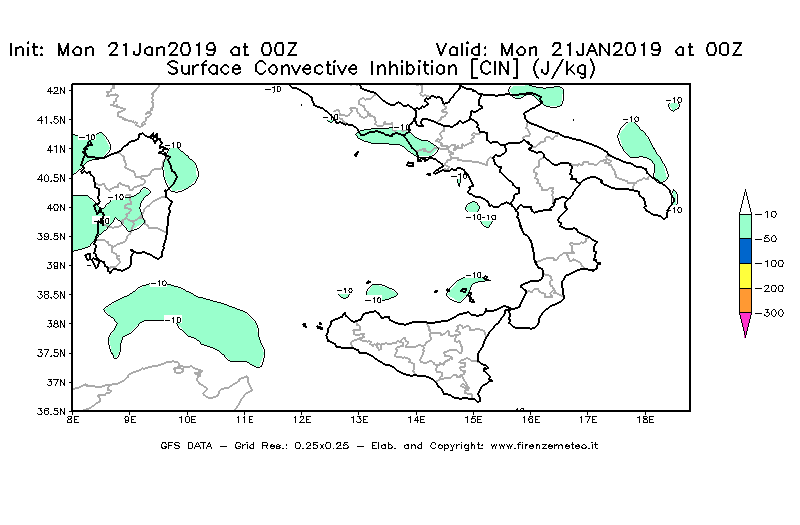 Mappa di analisi GFS - CIN [J/kg] in Sud-Italia
									del 21/01/2019 00 <!--googleoff: index-->UTC<!--googleon: index-->