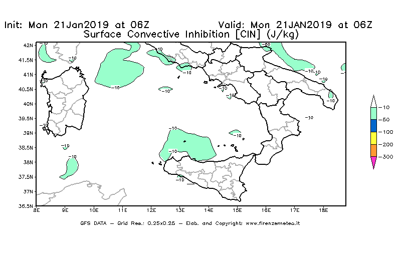 Mappa di analisi GFS - CIN [J/kg] in Sud-Italia
									del 21/01/2019 06 <!--googleoff: index-->UTC<!--googleon: index-->