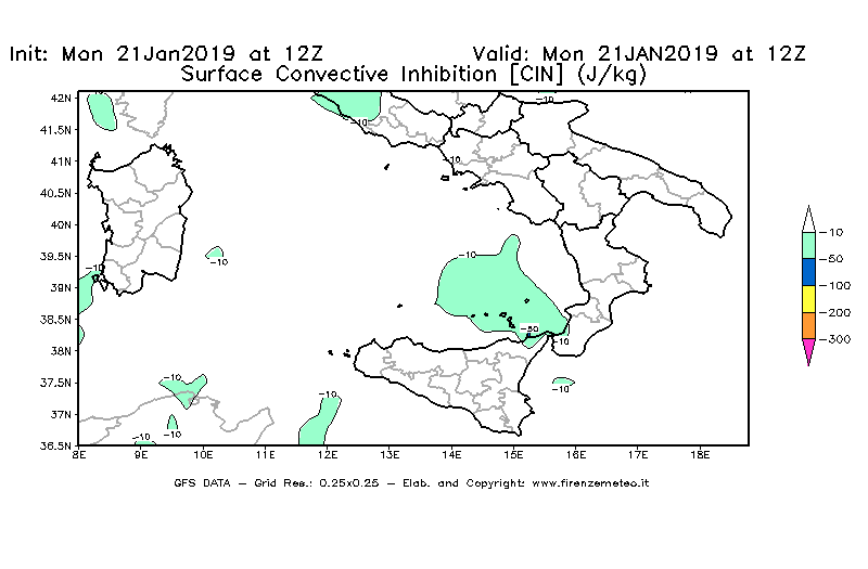 Mappa di analisi GFS - CIN [J/kg] in Sud-Italia
									del 21/01/2019 12 <!--googleoff: index-->UTC<!--googleon: index-->