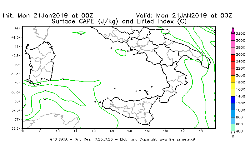 Mappa di analisi GFS - CAPE [J/kg] e Lifted Index [°C] in Sud-Italia
									del 21/01/2019 00 <!--googleoff: index-->UTC<!--googleon: index-->
