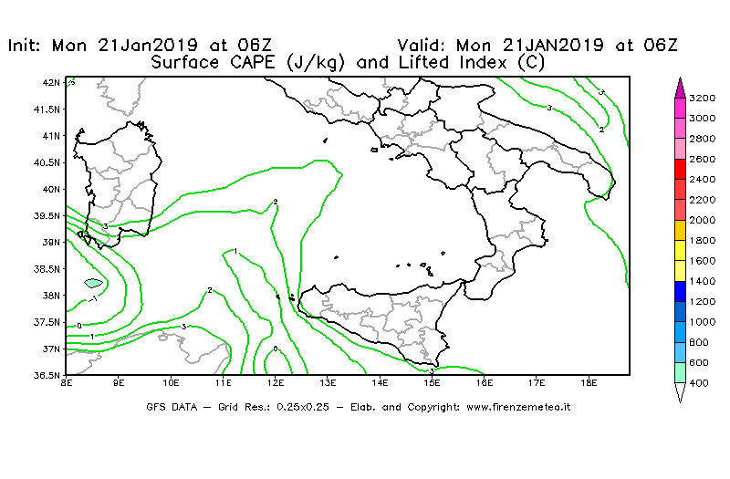 Mappa di analisi GFS - CAPE [J/kg] e Lifted Index [°C] in Sud-Italia
									del 21/01/2019 06 <!--googleoff: index-->UTC<!--googleon: index-->