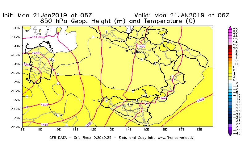 Mappa di analisi GFS - Geopotenziale [m] e Temperatura [°C] a 850 hPa in Sud-Italia
									del 21/01/2019 06 <!--googleoff: index-->UTC<!--googleon: index-->