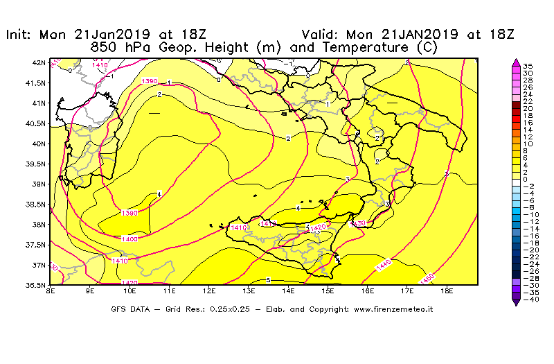 Mappa di analisi GFS - Geopotenziale [m] e Temperatura [°C] a 850 hPa in Sud-Italia
									del 21/01/2019 18 <!--googleoff: index-->UTC<!--googleon: index-->