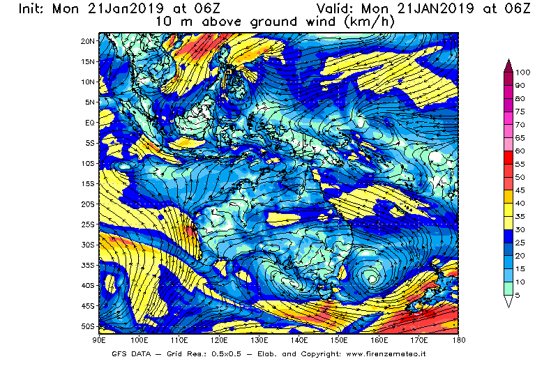 Mappa di analisi GFS - Velocità del vento a 10 metri dal suolo [km/h] in Oceania
									del 21/01/2019 06 <!--googleoff: index-->UTC<!--googleon: index-->
