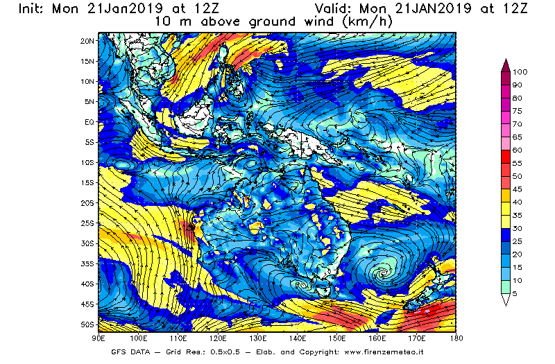 Mappa di analisi GFS - Velocità del vento a 10 metri dal suolo [km/h] in Oceania
									del 21/01/2019 12 <!--googleoff: index-->UTC<!--googleon: index-->