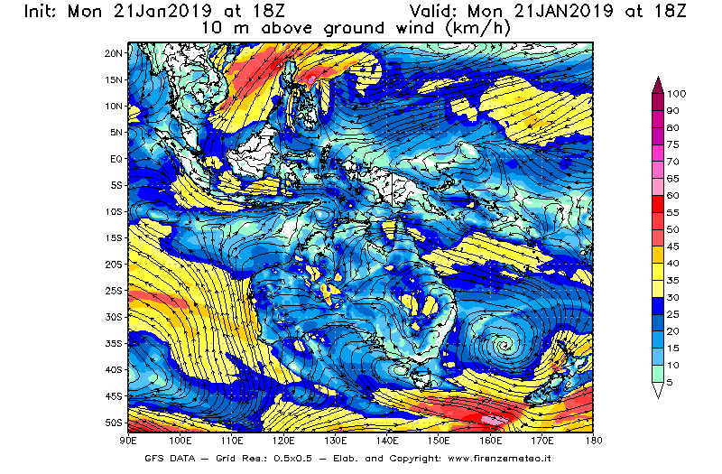 Mappa di analisi GFS - Velocità del vento a 10 metri dal suolo [km/h] in Oceania
									del 21/01/2019 18 <!--googleoff: index-->UTC<!--googleon: index-->