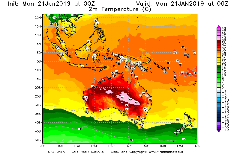 Mappa di analisi GFS - Temperatura a 2 metri dal suolo [°C] in Oceania
									del 21/01/2019 00 <!--googleoff: index-->UTC<!--googleon: index-->