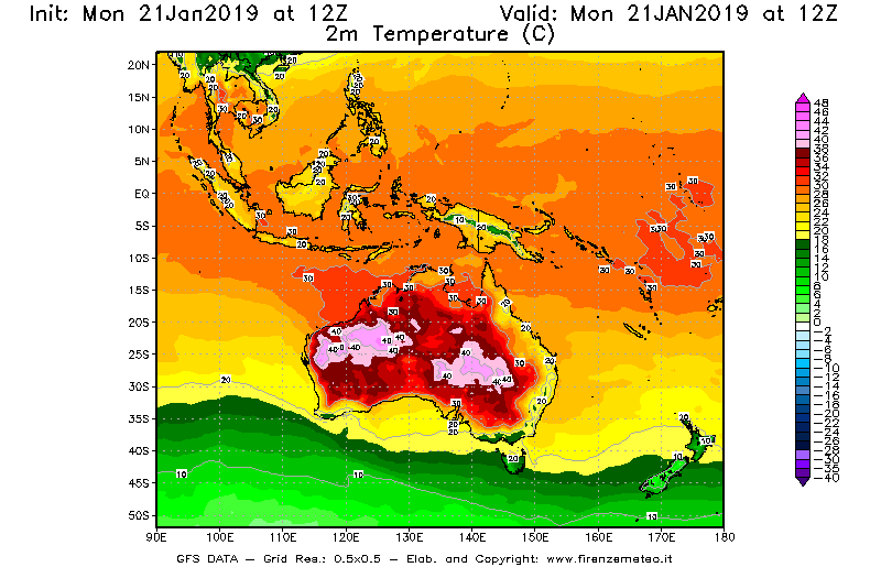 Mappa di analisi GFS - Temperatura a 2 metri dal suolo [°C] in Oceania
									del 21/01/2019 12 <!--googleoff: index-->UTC<!--googleon: index-->