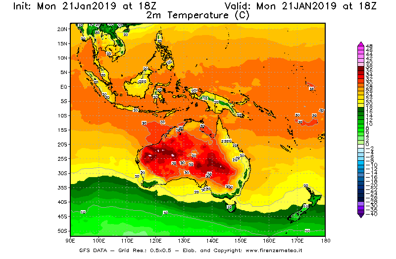 Mappa di analisi GFS - Temperatura a 2 metri dal suolo [°C] in Oceania
									del 21/01/2019 18 <!--googleoff: index-->UTC<!--googleon: index-->