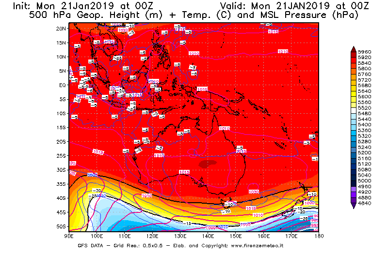 Mappa di analisi GFS - Geopotenziale [m] + Temp. [°C] a 500 hPa + Press. a livello del mare [hPa] in Oceania
									del 21/01/2019 00 <!--googleoff: index-->UTC<!--googleon: index-->
