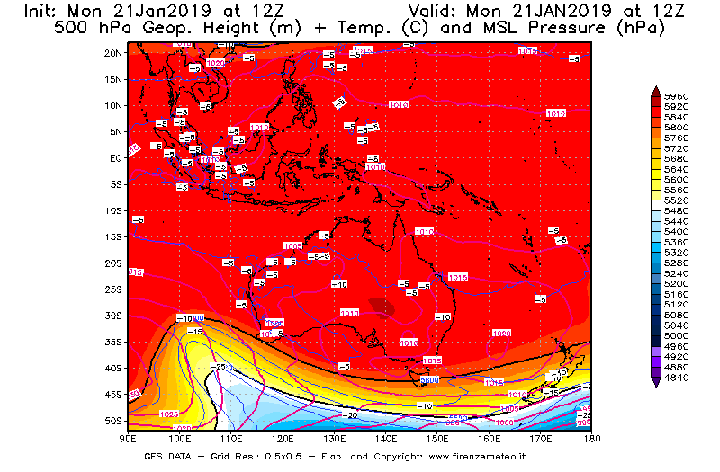 Mappa di analisi GFS - Geopotenziale [m] + Temp. [°C] a 500 hPa + Press. a livello del mare [hPa] in Oceania
									del 21/01/2019 12 <!--googleoff: index-->UTC<!--googleon: index-->