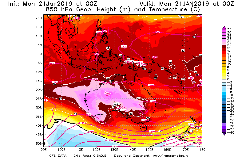 Mappa di analisi GFS - Geopotenziale [m] e Temperatura [°C] a 850 hPa in Oceania
									del 21/01/2019 00 <!--googleoff: index-->UTC<!--googleon: index-->