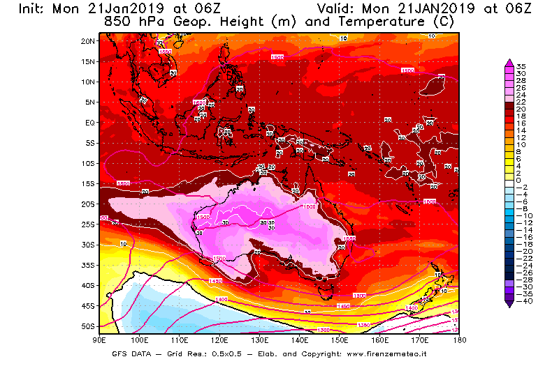 Mappa di analisi GFS - Geopotenziale [m] e Temperatura [°C] a 850 hPa in Oceania
									del 21/01/2019 06 <!--googleoff: index-->UTC<!--googleon: index-->