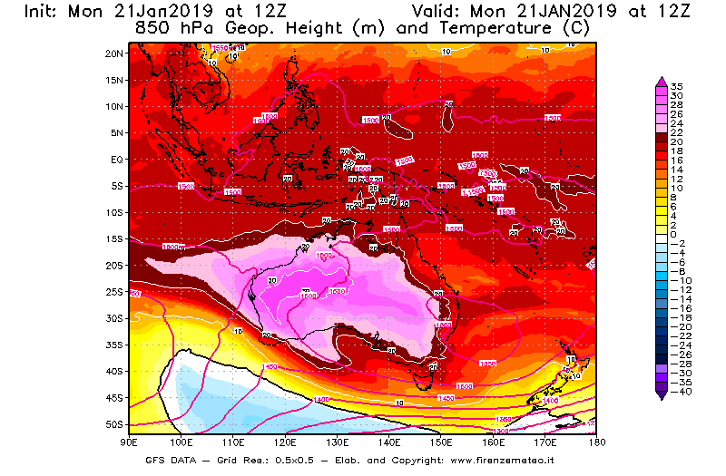 Mappa di analisi GFS - Geopotenziale [m] e Temperatura [°C] a 850 hPa in Oceania
									del 21/01/2019 12 <!--googleoff: index-->UTC<!--googleon: index-->