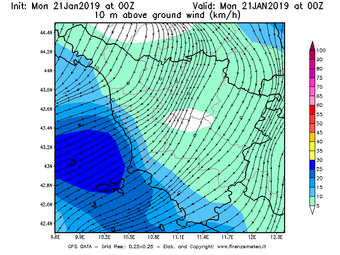 Mappa di analisi GFS - Velocità del vento a 10 metri dal suolo [km/h] in Toscana
									del 21/01/2019 00 <!--googleoff: index-->UTC<!--googleon: index-->