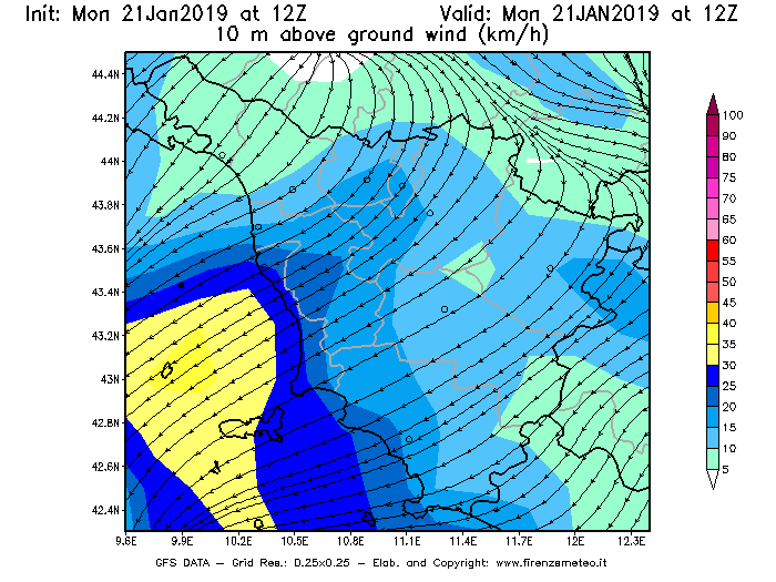 Mappa di analisi GFS - Velocità del vento a 10 metri dal suolo [km/h] in Toscana
									del 21/01/2019 12 <!--googleoff: index-->UTC<!--googleon: index-->