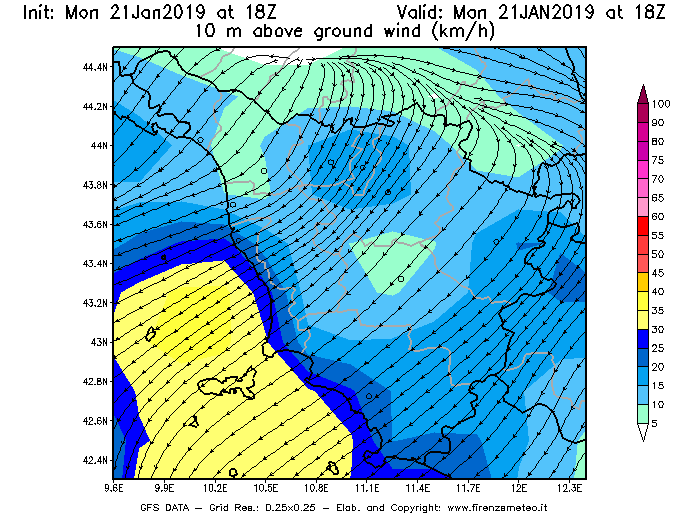 Mappa di analisi GFS - Velocità del vento a 10 metri dal suolo [km/h] in Toscana
									del 21/01/2019 18 <!--googleoff: index-->UTC<!--googleon: index-->